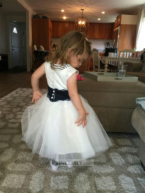 Ivory Satin Tulle Flower Girl Dress Navy Blue Lace Sash Misdress