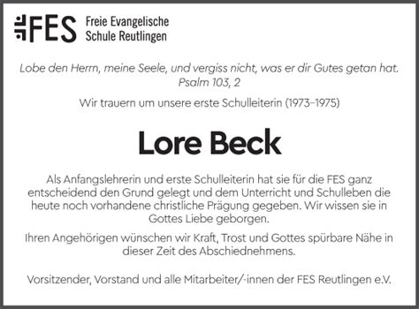 Traueranzeigen Von Lore Beck S Dwest Presse Trauer