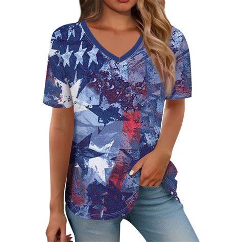 Wangxldd 4th Of July 2024 Womens Tops Short Sleeve American Flag Print