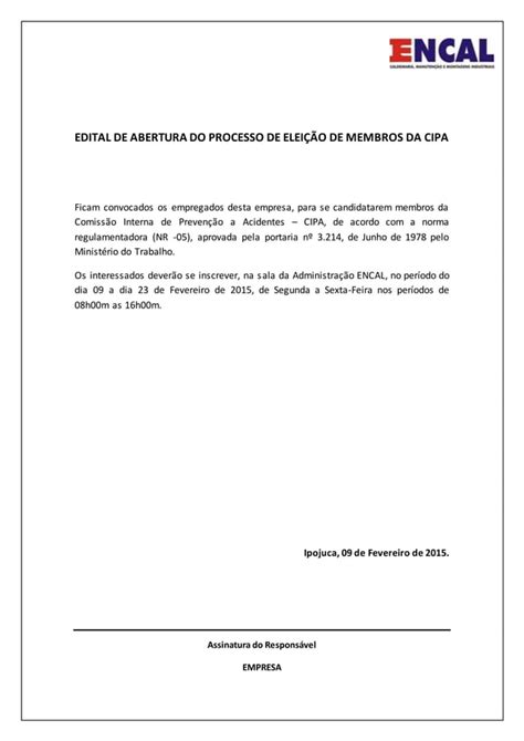 Edital De Abertura Do Processo De Elei O De Membros Da Cipa Pdf