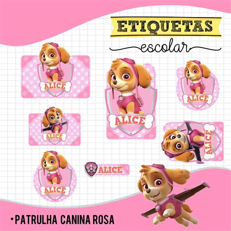 Etiquetas Escolares Patrulha Canina Rosa Elo7