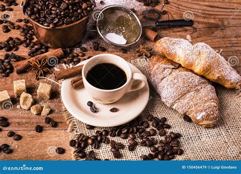 Breakfast With Hot Croissants And Black Coffee Stock Image Image Of