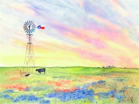 West Texas Ranch Landscape Windmill Painting By Carlin Blahnik