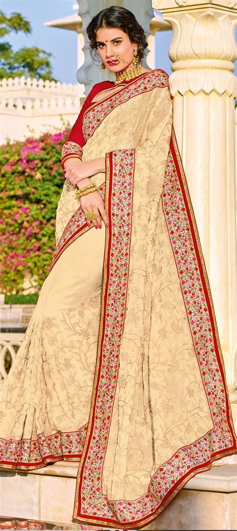 Party Wear White And Off White Color Faux Georgette Fabric Saree