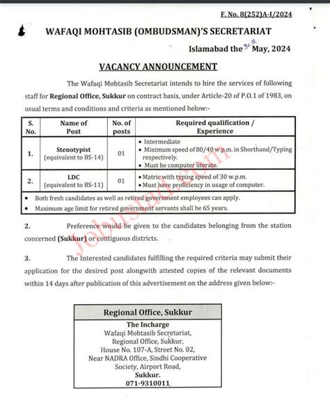 Latest Wafaqi Mohtasib Secretariat Jobs In Sukkur June Advertisement