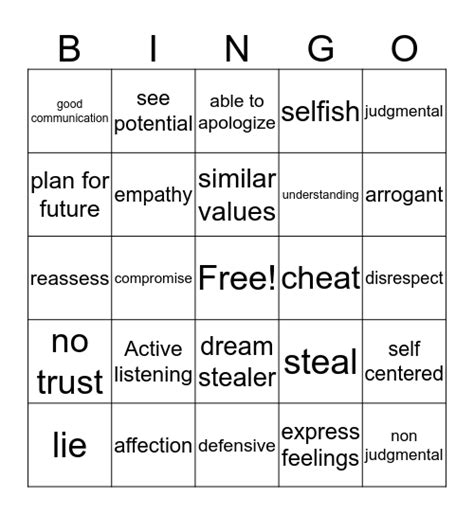 Relationship Bingo Card