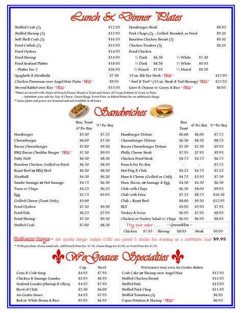 Menu At Wegeaux Café Restaurant Westwego