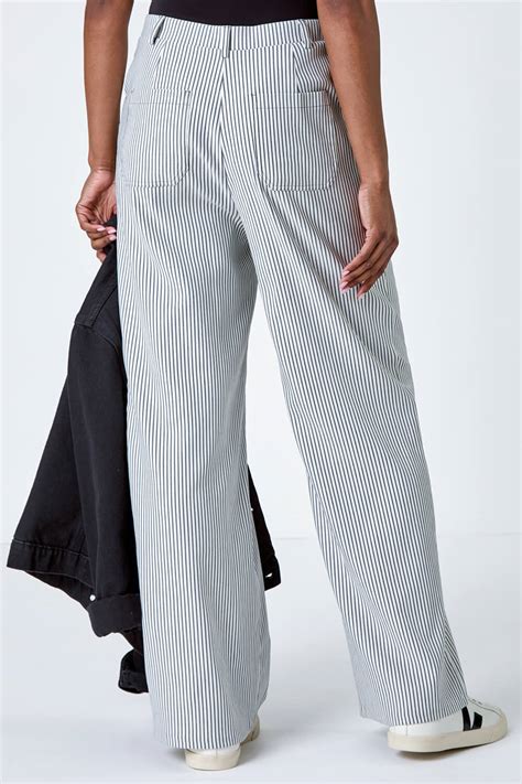 Black Stripe Wide Leg Stretch Trousers Roman UK