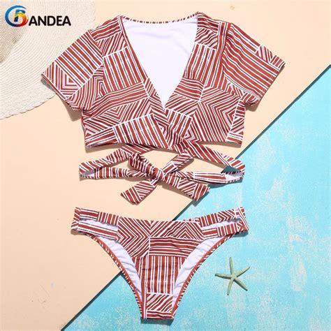 Bandea Sexy Short Sleeves Swimwear Front Knotted Tie Bikini Set Striped