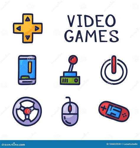 Set Of Doodle Vector Icons Related To Computer Games Joysticks Gaming