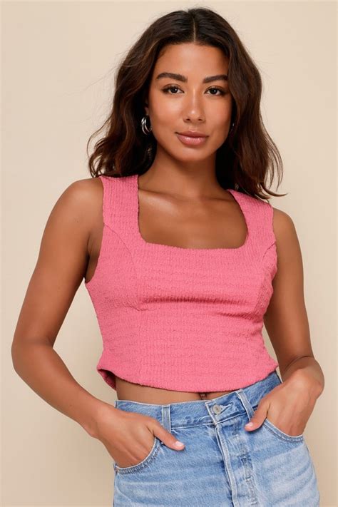 Pink Textured Tank Top Square Neck Tank Top Pink Crop Top Lulus