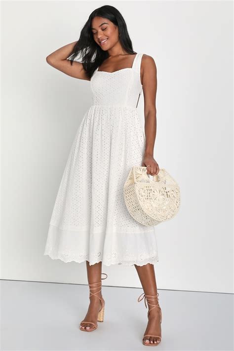 White Eyelet Midi Dress Embroidered Lace Up Dress Midi Dress Lulus