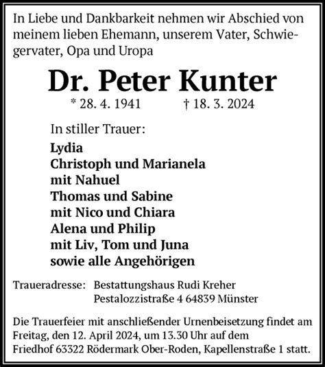 Traueranzeigen Von Peter Kunter Trauer Op Online De