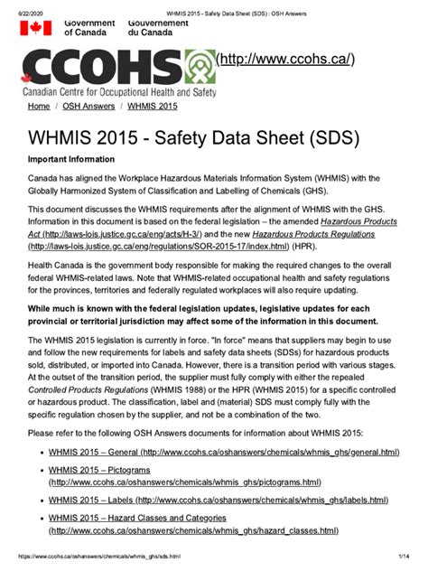 Whmis 2015 Safety Data Sheet Sds Osh Answers Pdf