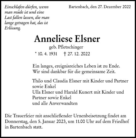 Traueranzeigen Von Anneliese Elsner S Dwest Presse Trauer