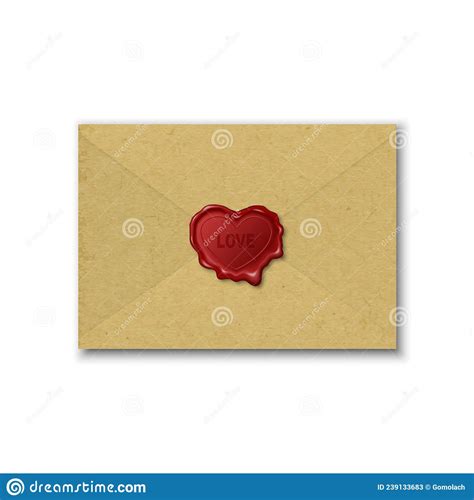 Vector 3d Realistic Vintage Heart Shaped Red Stamp Wax Seal Brown Craft Paper Envelope