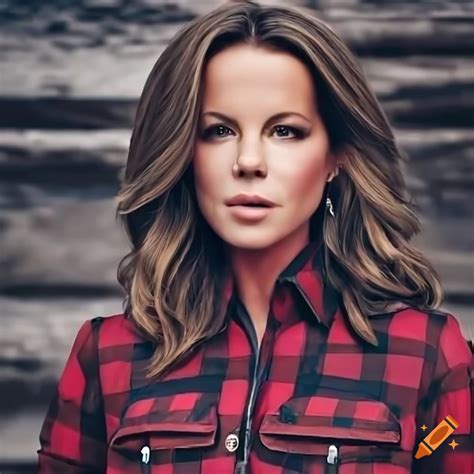 Close Up Of A Woman In Red Plaid Shirt And Black Leather Outfit Similar