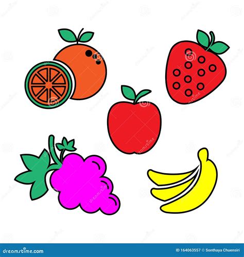 Flat Icons For Fruits Apple Banana Orange Grapes Strawberry