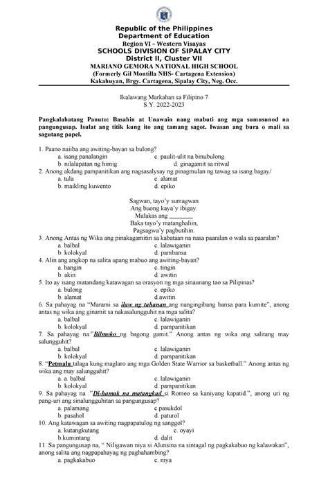 2nd Qe Filipino 7 092037 Republic Of The Philippines Department Of Education Region Vi