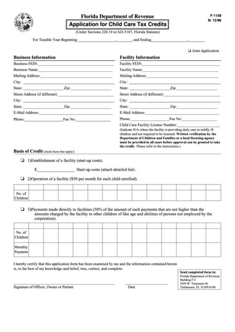 Fillable Form F 1159 Application For Child Care Tax Credits Printable