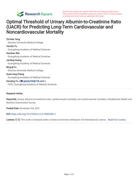 Pdf Optimal Threshold Of Urinary Albumin To Creatinine Ratio Uacr