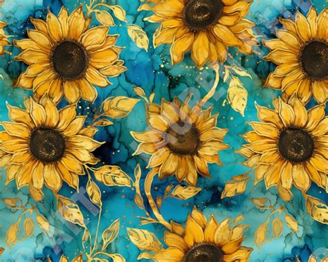 Alcohol Ink Sunflowers With Golden Accents Seamless Repeating Pattern