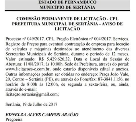 Pernambuco Prefeitura Abre Licita O Para Contratar Empresa No Valor