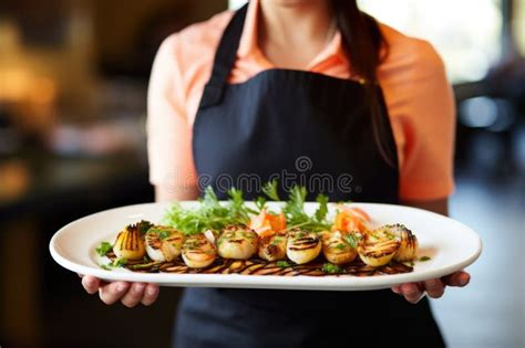 Female Chef Presenting Plate Of Grilled Scallops Stock Photo Image Of