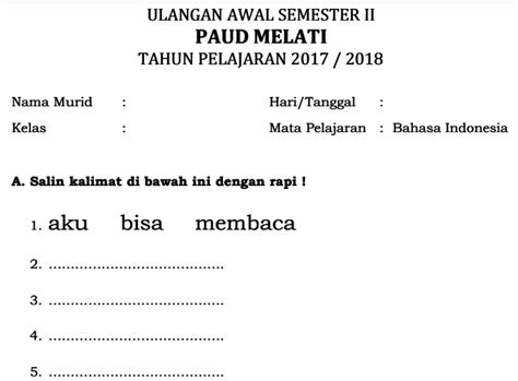 Soal Bahasa Indonesia Tk Berkas Belajar