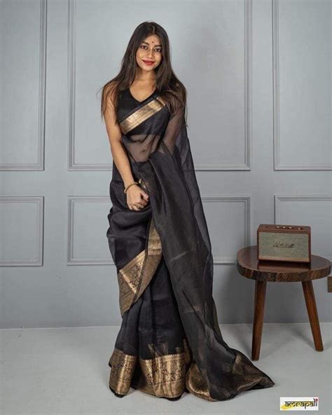 Party Wear Saree in Black with Plain Gold Border - Rsm Silks Online