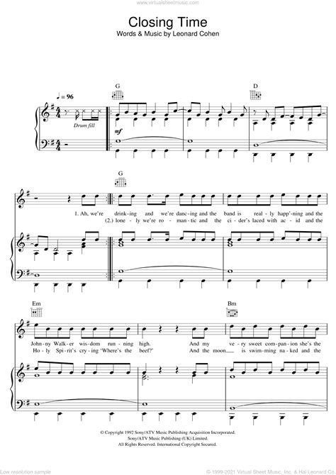 Cohen Closing Time Sheet Music For Voice Piano Or Guitar PDF