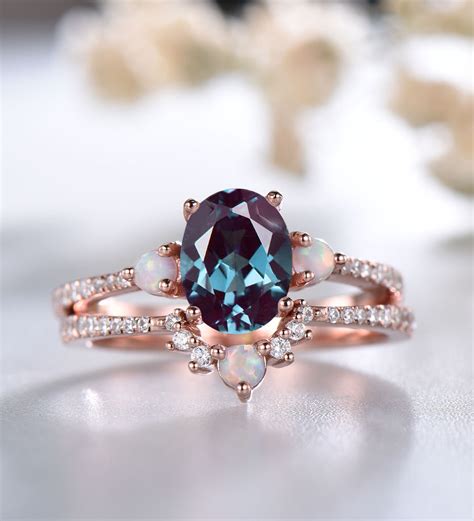 Alexandrite Ring Oval Cut Alexandrite Engagement Ring Set - Etsy