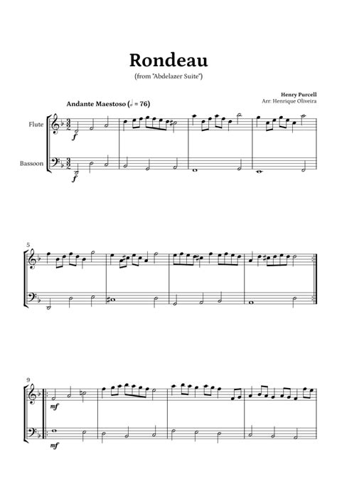 Rondeau From Abdelazer Suite By Henry Purcell For Flute And Bassoon D Minor Sheet Music