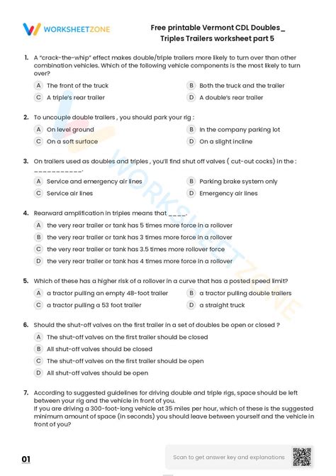 Free Printable Vermont Cdl Doubles Triples Trailers Worksheet Part 5