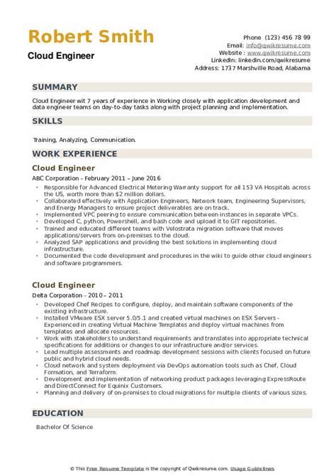 Cloud Engineer Resume Samples Qwikresume