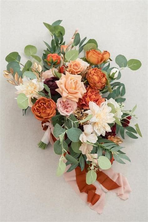 Standard Cascade Bridal Bouquet In Sunset Terracotta Fall Wedding