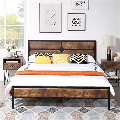 Vecelo Queen Bed Frame Metal Platform With Wooden Headboard And Footboard Mattress