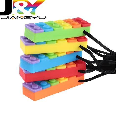 Sensory Chew Necklace Silicone Rainbow Bricks Pendant Chewlery For Adhd