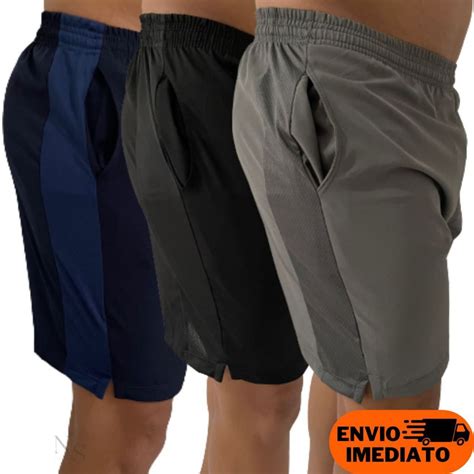 3 Bermudas Masculina Academia Kit Short Tactel Elastano Dry Fit