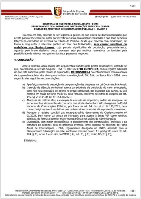 Tce Reconsidera Relat Rio E Diz Que Santa Rita Tem Capacidade De