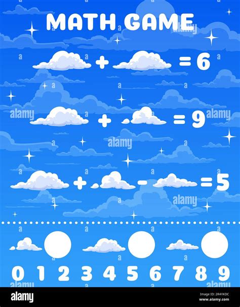 Cartoon Clouds On Blue Sky Math Game Worksheet Vector Mathematics