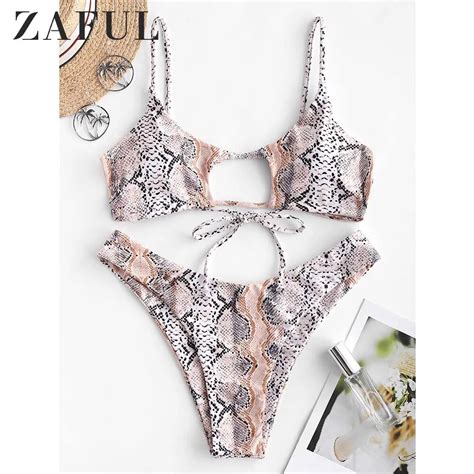 ZAFUL Snake Print Cutout High Cut Bikini Swimsuit Spaghetti Straps Wire