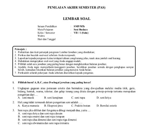 Soal Pas Uas Seni Budaya Kelas 7 Kurikulum 2013 Semester 1 Tahun Ajaran 2018 2019 Informasi