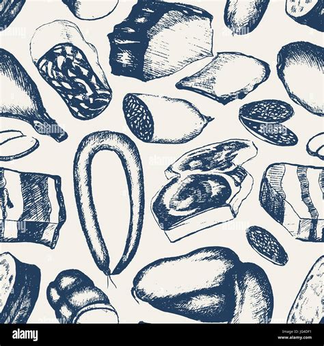 Processed Meat Monochromatic Vector Hand Drawn Seamless Pattern