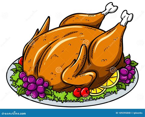 Vector Cartoon Roasted Turkey On A Plate With Fruits Stock Vector