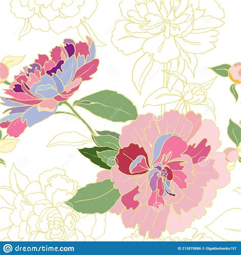 Flowers Peony With Leaves Vector Seamless Pattern Stock Vector