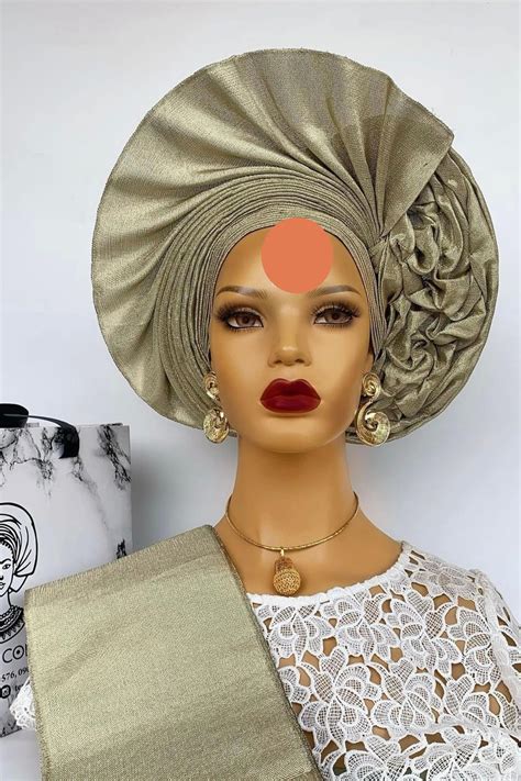 Africa Party Gold Nigeria Gele Headtie Hat Aso Oke Fabric Gele