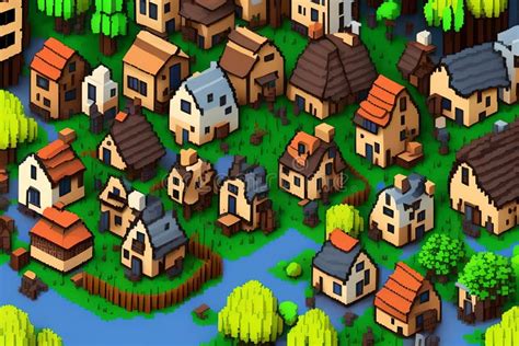 Village With Pixel Houses Generative Ai Illustration Stock