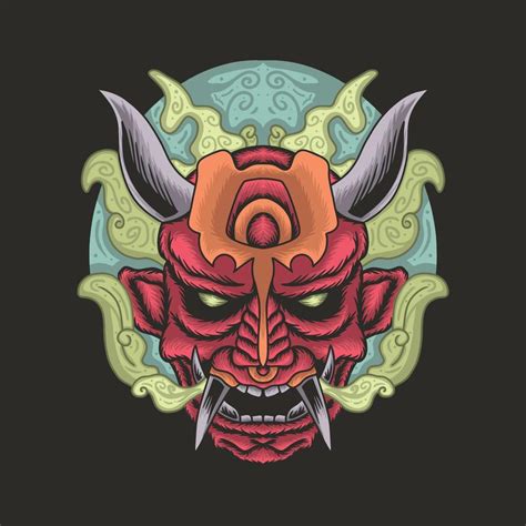 Japanese Oni Mask With Smoke And Moon Vector Art At Vecteezy