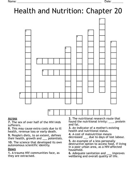 Health And Nutrition Chapter Crossword Wordmint